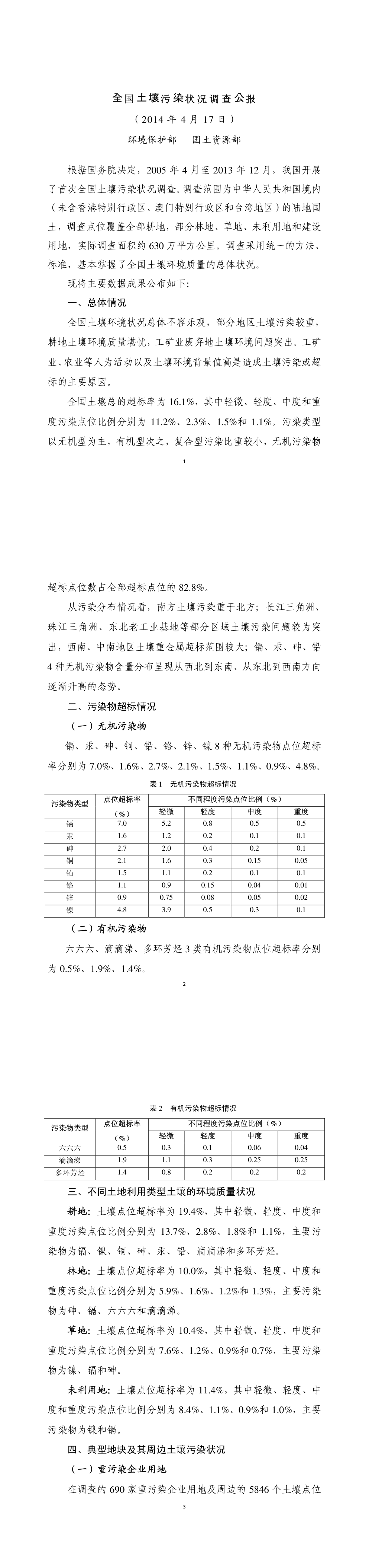 全国土壤污染状况调查公报 第一页预览