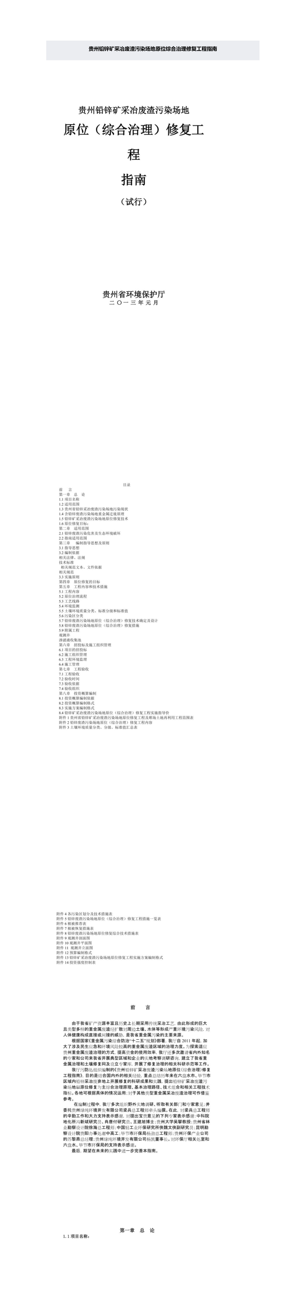 贵州铅锌矿采冶废渣污染场地原位综合治理修复工程指南 第一页预览