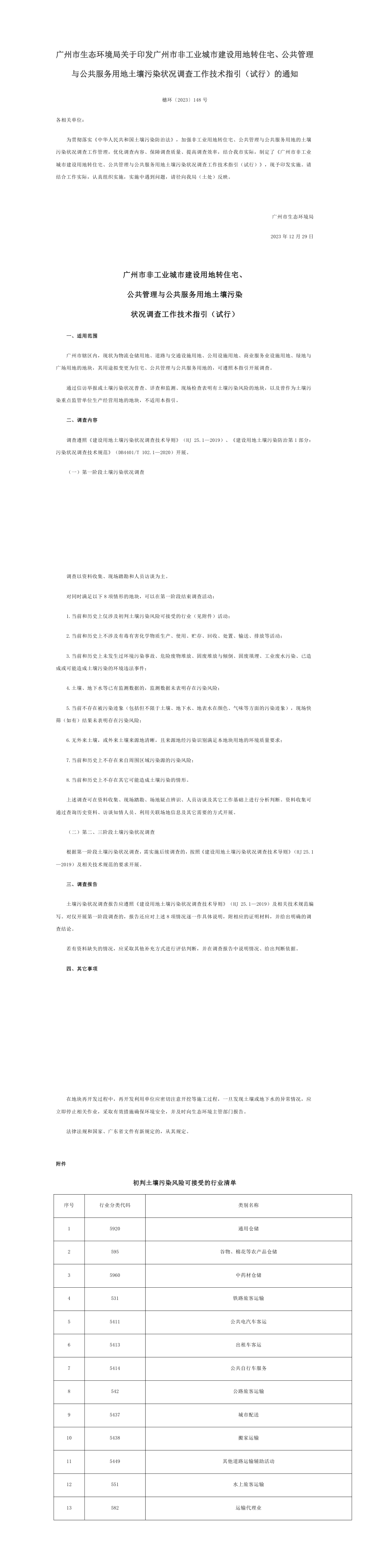 广州市生态环境局关于印发广州市非工业城市建设用地转住宅、公共管理与公共服务用地土壤污染状况调查工作技术指引（试行）的通知 第一页预览