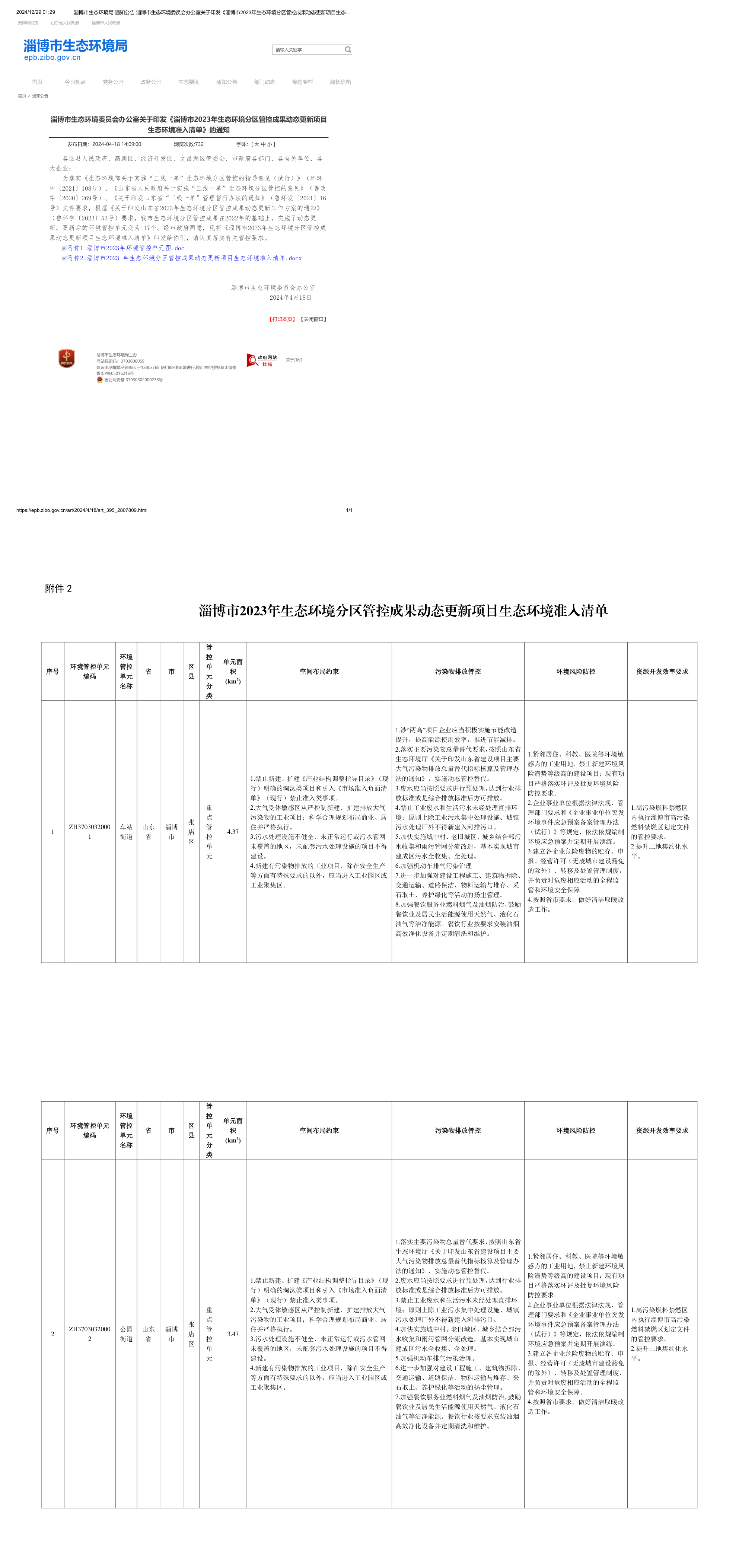 淄博市生态环境委员会办公室关于印发《淄博市2023年生态环境分区管控成果动态更新项目生态环境准入清单》的通知 第一页预览