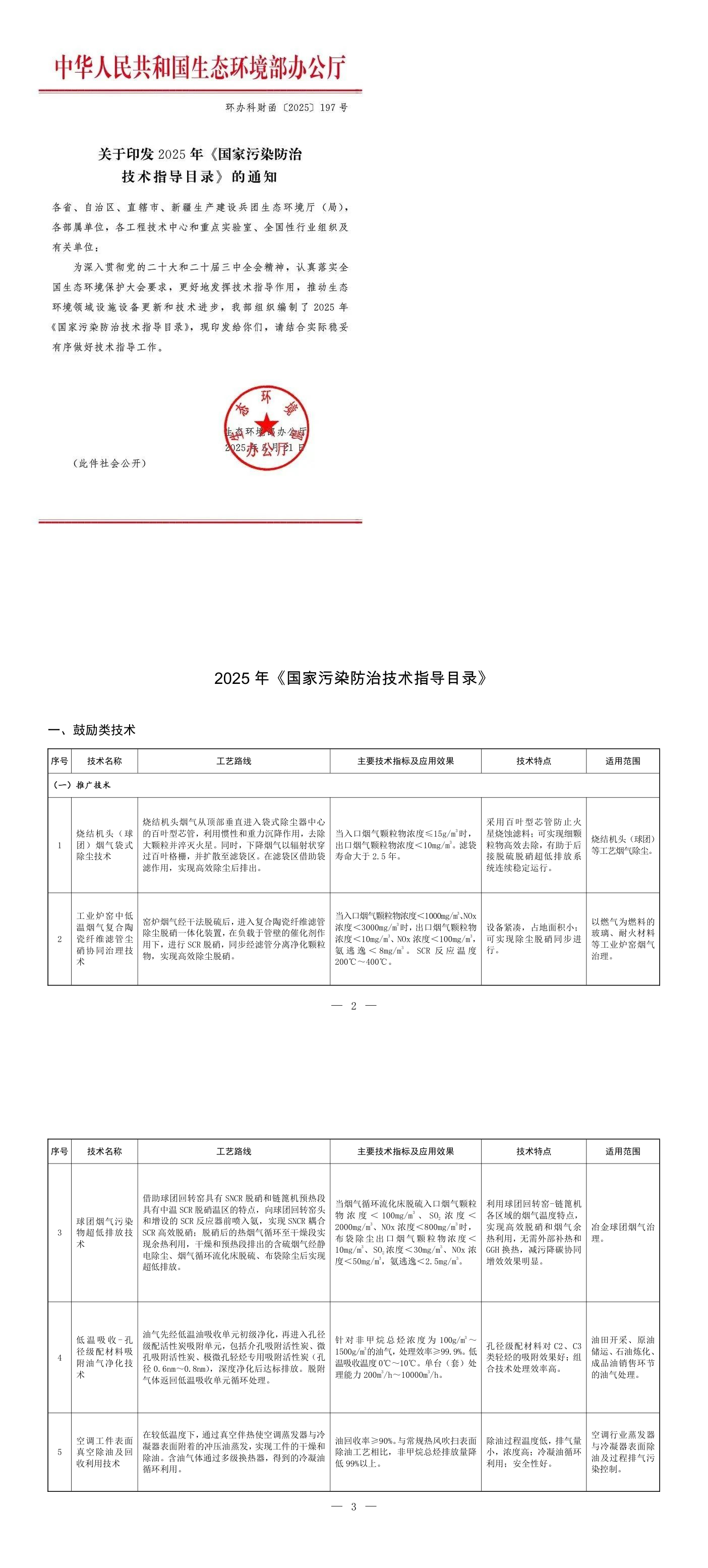 生态环境部办公厅关于印发2025年《国家污染防治技术指导目录》的通知 第一页预览